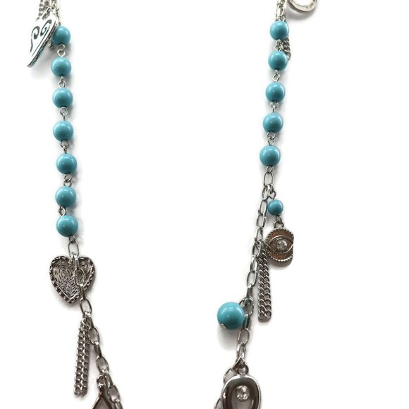 Thalia Sodi Two-Tone Beaded Charm Feather Horseshoe Necklace Turquoise - Picture 3 of 5